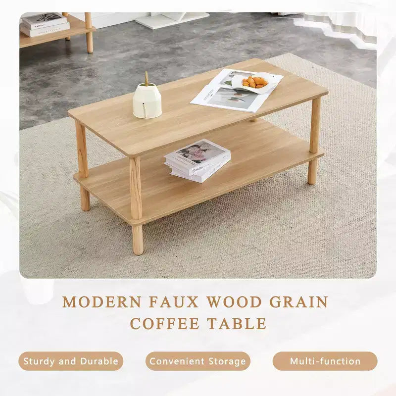 Table basse moderne à 2 niveaux pour salon, table centrale rectangulaire avec étagère de rangement ouverte, pieds arrondis en bois d'hévéa