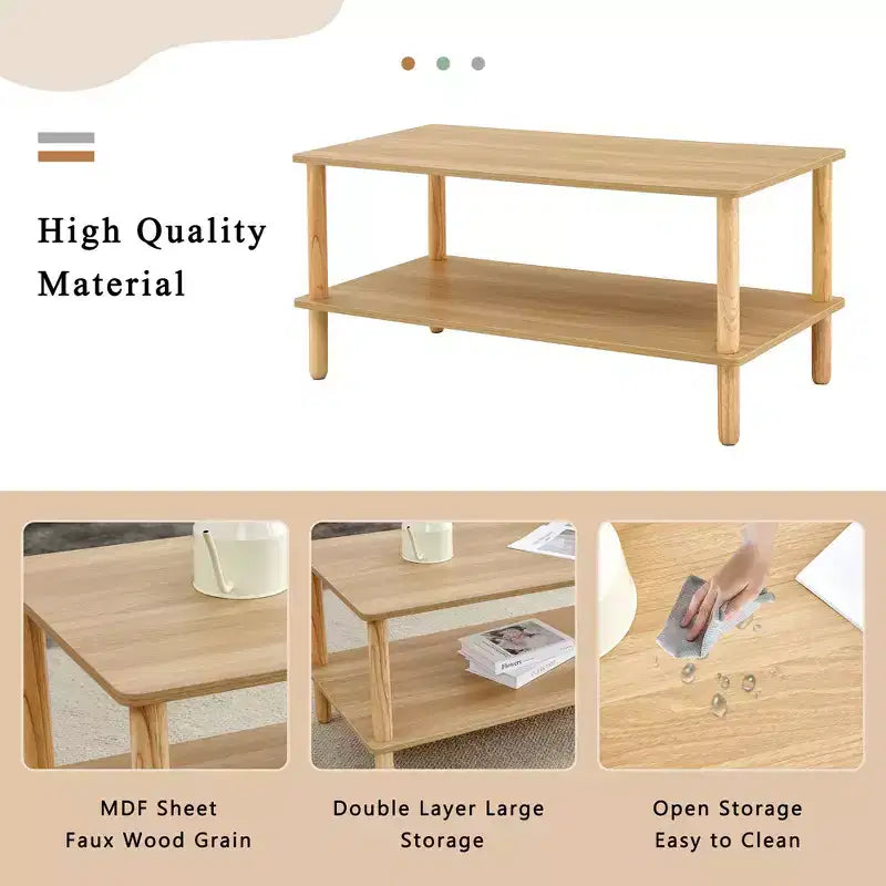 Table basse moderne à 2 niveaux pour salon, table centrale rectangulaire avec étagère de rangement ouverte, pieds arrondis en bois d'hévéa