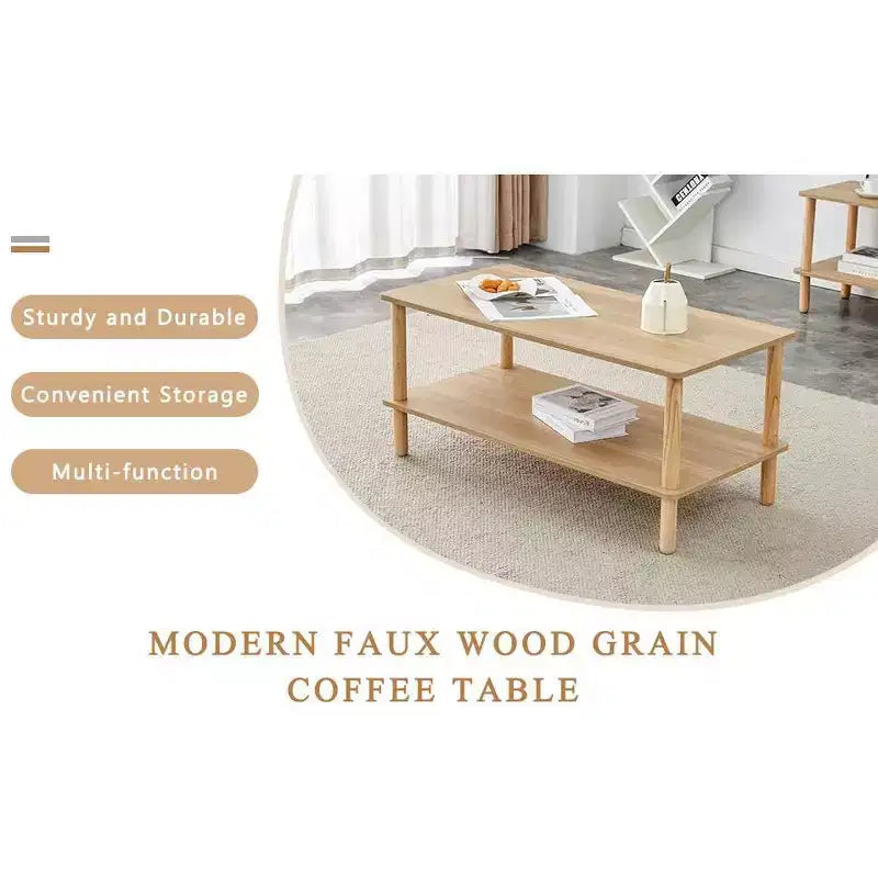 Table basse moderne à 2 niveaux pour salon, table centrale rectangulaire avec étagère de rangement ouverte, pieds arrondis en bois d'hévéa