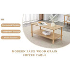 Table basse moderne à 2 niveaux pour salon, table centrale rectangulaire avec étagère de rangement ouverte, pieds arrondis en bois d'hévéa