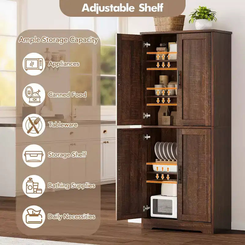 Meuble de rangement haut de cuisine de 178 cm, armoire de rangement autoportante avec étagères réglables, meuble bar à café en bois pour salon
