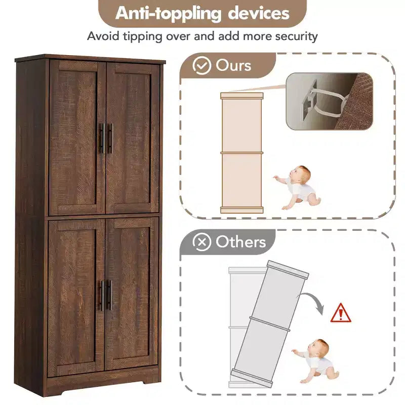 Meuble de rangement haut de cuisine de 178 cm, armoire de rangement autoportante avec étagères réglables, meuble bar à café en bois pour salon