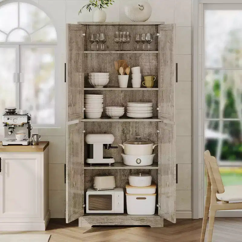 Meuble de rangement haut de cuisine de 178 cm, armoire de rangement autoportante avec étagères réglables, meuble bar à café en bois pour salon