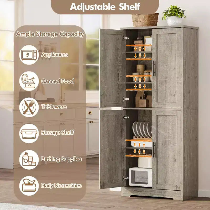Meuble de rangement haut de cuisine de 178 cm, armoire de rangement autoportante avec étagères réglables, meuble bar à café en bois pour salon