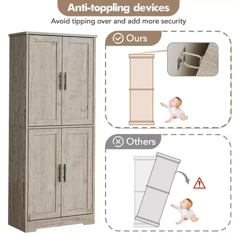 Meuble de rangement haut de cuisine de 178 cm, armoire de rangement autoportante avec étagères réglables, meuble bar à café en bois pour salon