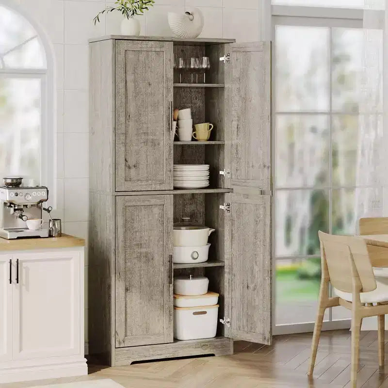 Meuble de rangement haut de cuisine de 178 cm, armoire de rangement autoportante avec étagères réglables, meuble bar à café en bois pour salon