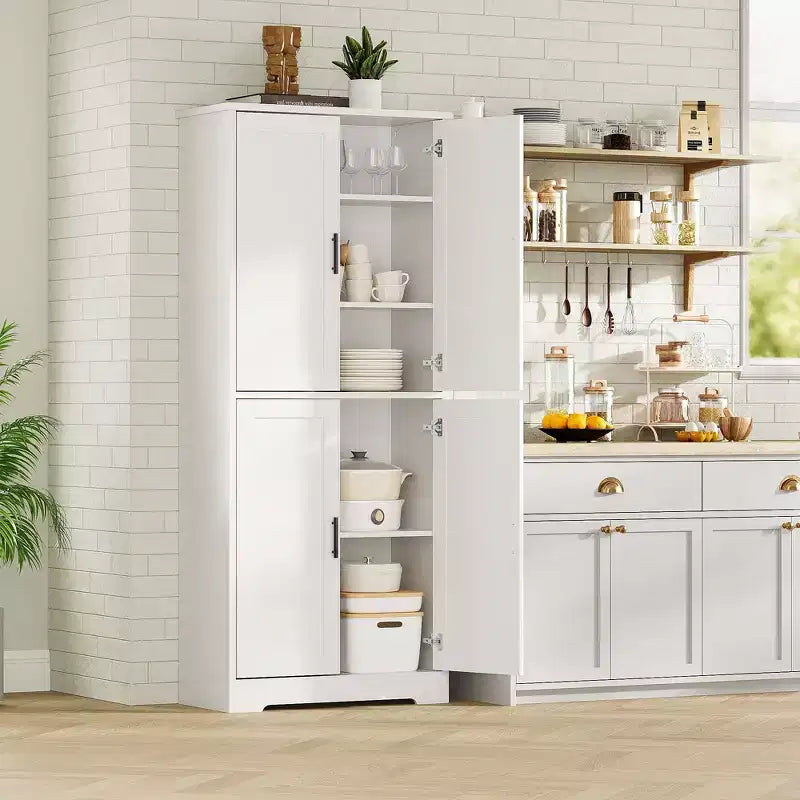 Meuble de rangement haut de cuisine de 178 cm, armoire de rangement autoportante avec étagères réglables, meuble bar à café en bois pour salon
