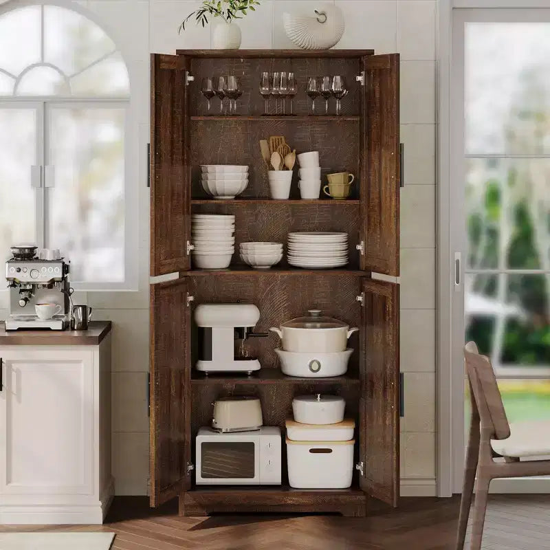 Meuble de rangement haut de cuisine de 178 cm, armoire de rangement autoportante avec étagères réglables, meuble bar à café en bois pour salon