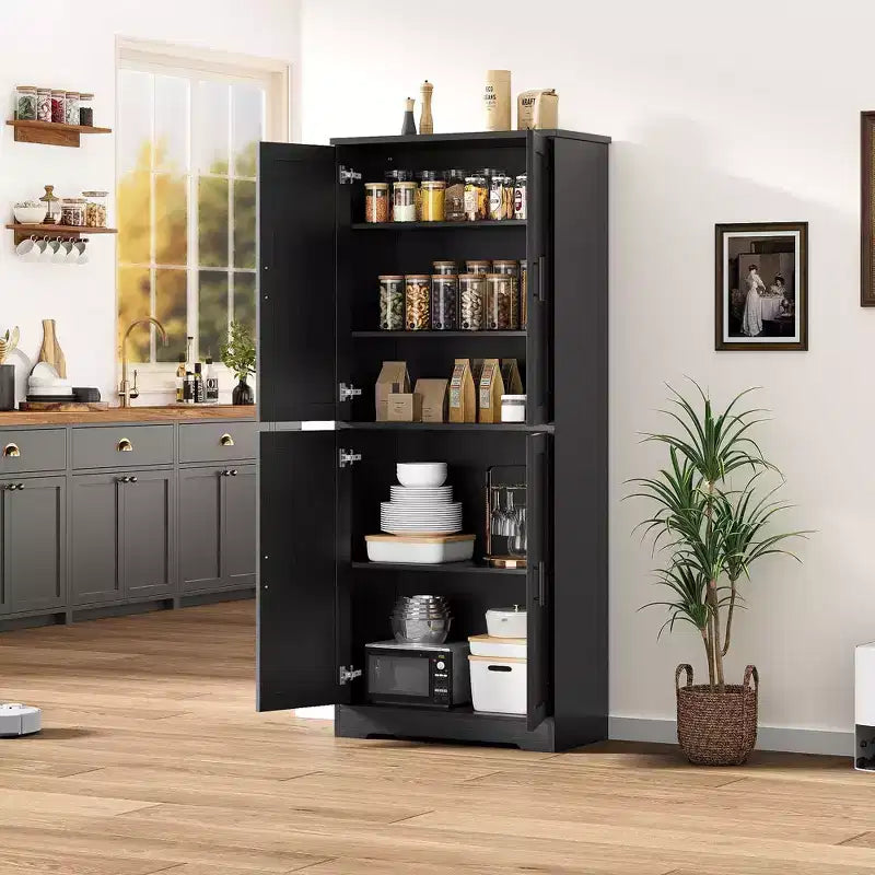 70 Tall Kitchen Pantry Cabinet, Freestanding Cupboard Storage Cabinet with Adjustable Shelves, Wooden Coffee Bar Cabinet for Living Room