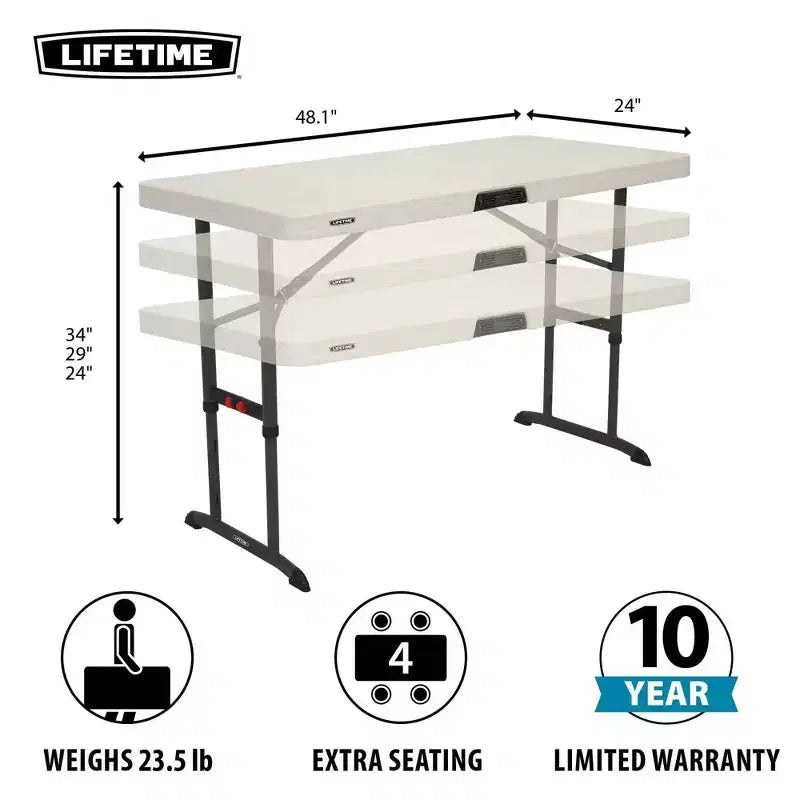 Table pliante de qualité commerciale à hauteur réglable de 1,2 m, blanche