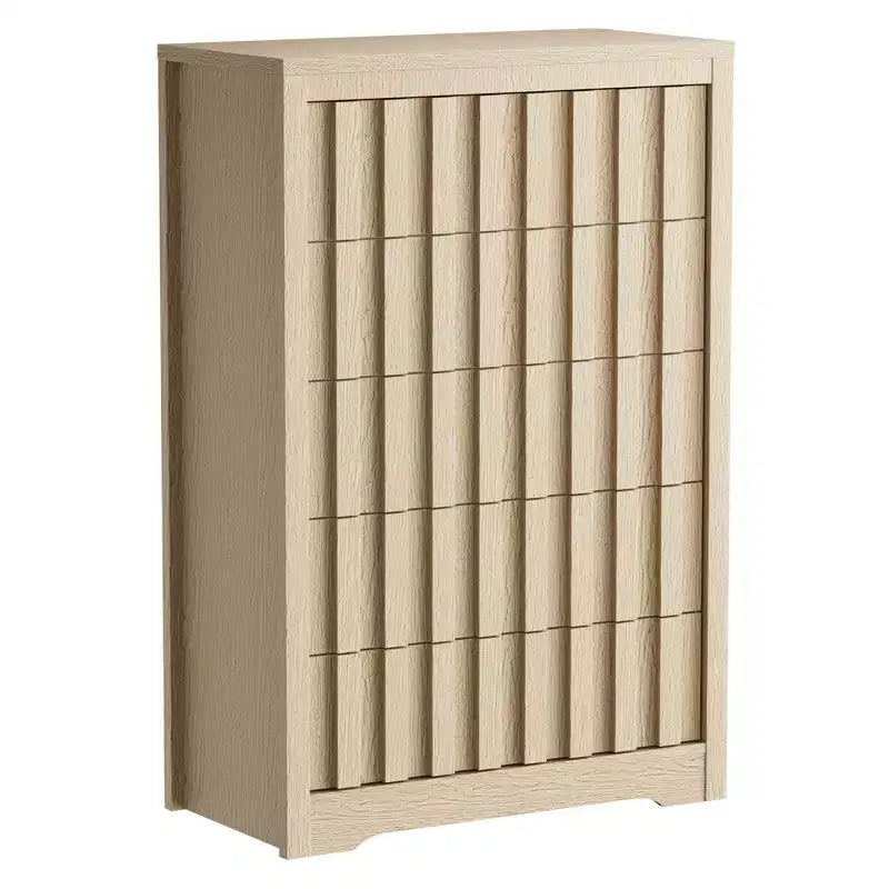 5 Drawer Dresser for Bedroom - Mid Century Modern Chest of Drawers, Wood Tall Nightstand, Striped Fluted Side Table, Enhanced Safety
