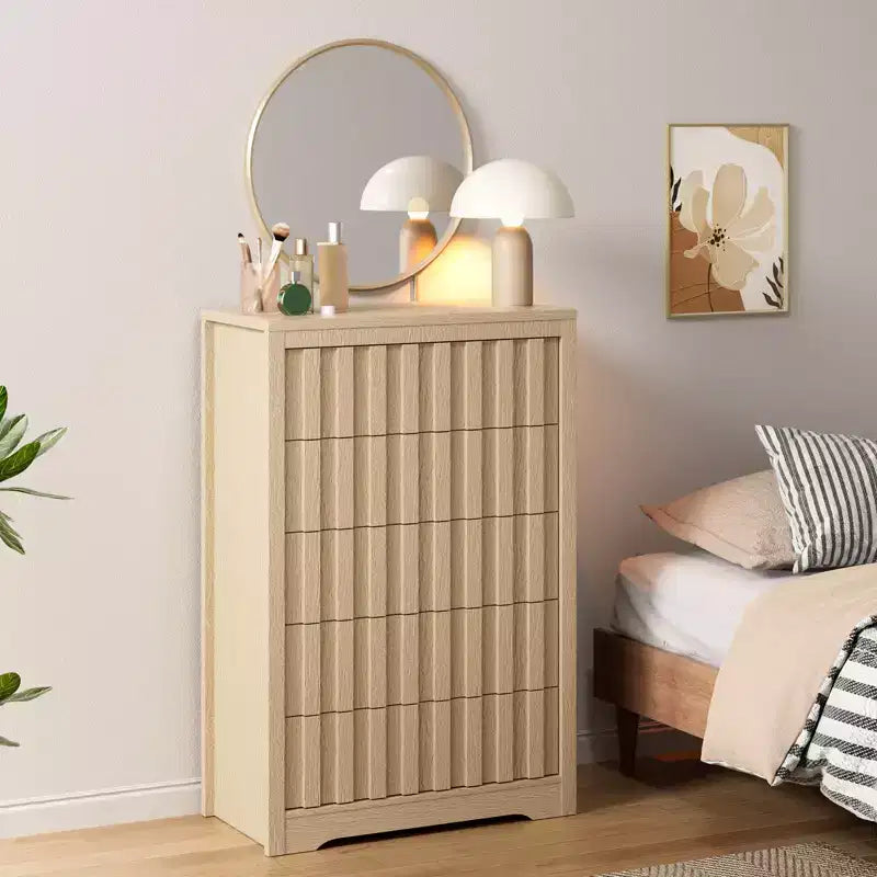 Commode à 5 tiroirs pour chambre à coucher - Commode moderne du milieu du siècle, table de chevet haute en bois, table d'appoint cannelée rayée, sécurité améliorée