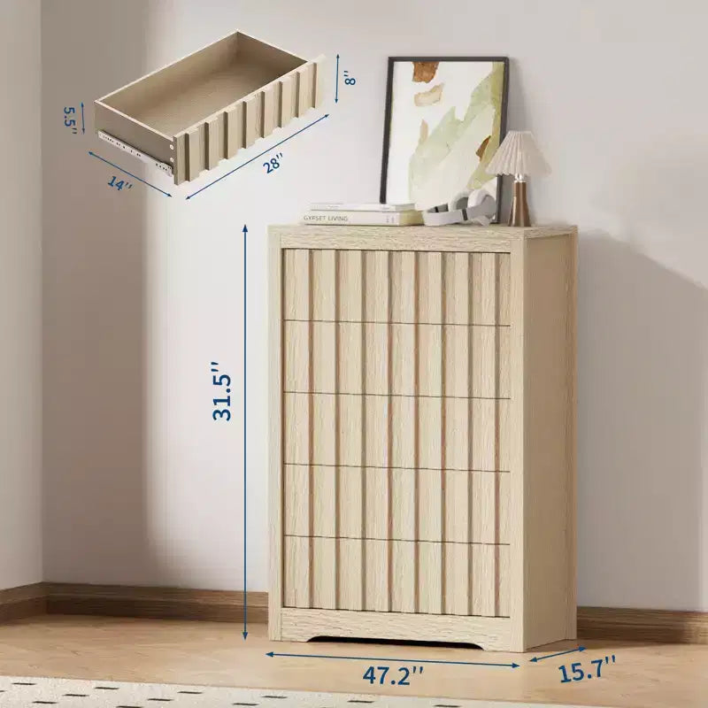 Commode à 5 tiroirs pour chambre à coucher - Commode moderne du milieu du siècle, table de chevet haute en bois, table d'appoint cannelée rayée, sécurité améliorée