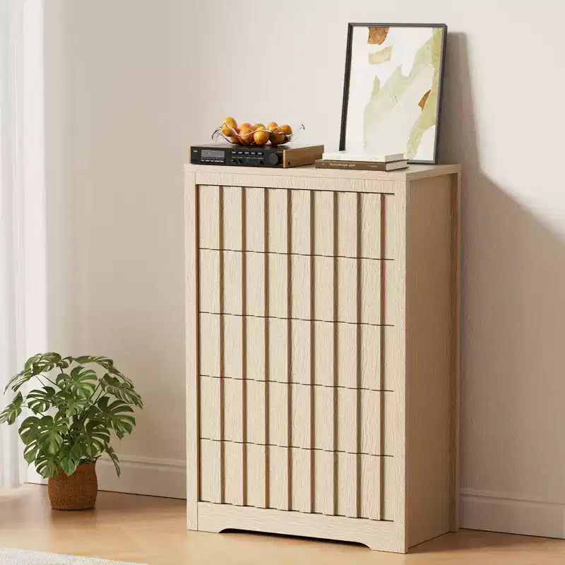 Commode à 5 tiroirs pour chambre à coucher - Commode moderne du milieu du siècle, table de chevet haute en bois, table d'appoint cannelée rayée, sécurité améliorée