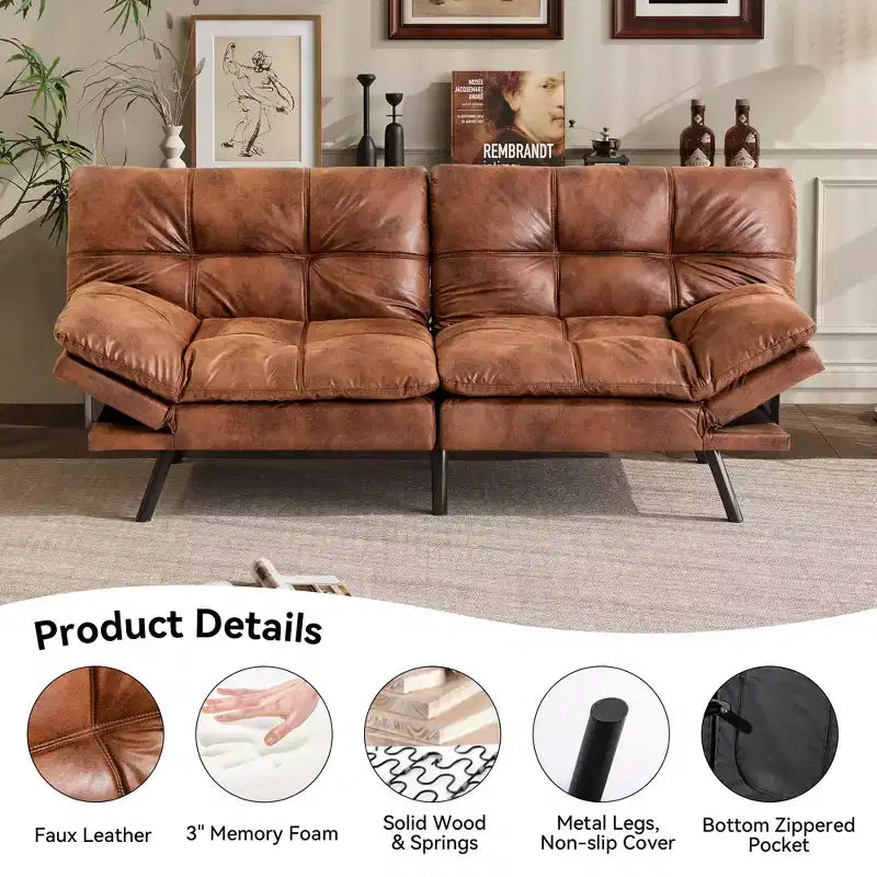 Canapé-lit futon convertible 71", Lin avec coussin détachable et dossier réglable