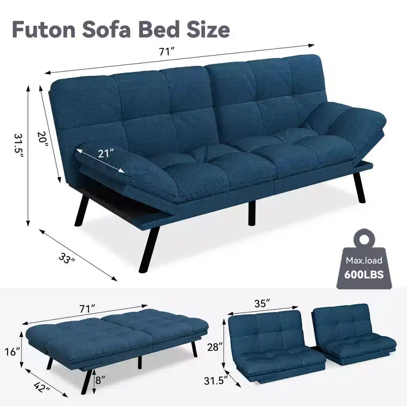 Canapé-lit futon convertible 71", Lin avec coussin détachable et dossier réglable