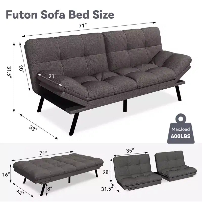 Canapé-lit futon convertible 71", Lin avec coussin détachable et dossier réglable