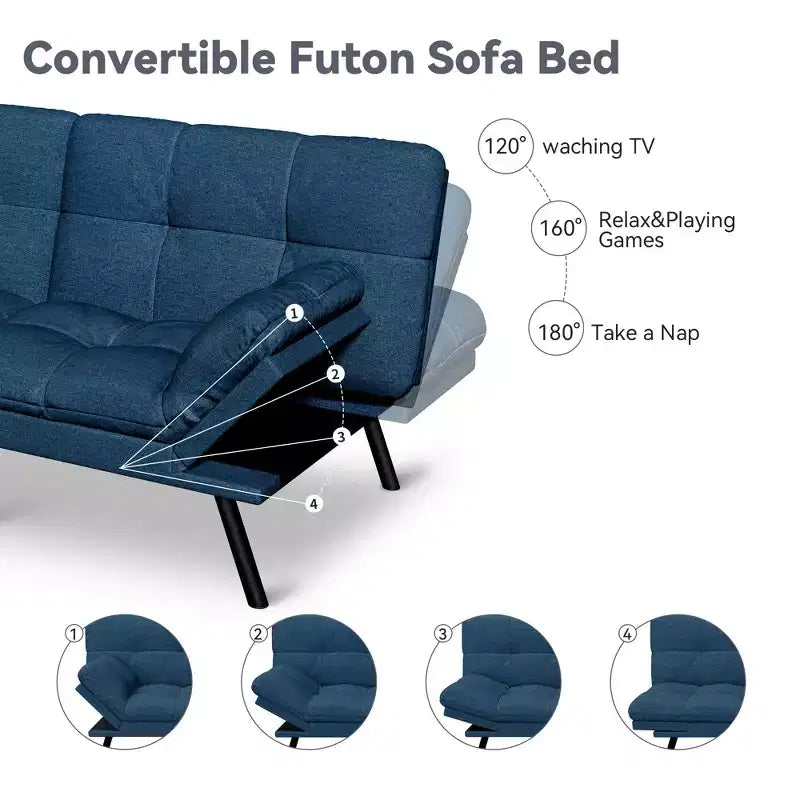 Canapé-lit futon convertible 71", Lin avec coussin détachable et dossier réglable