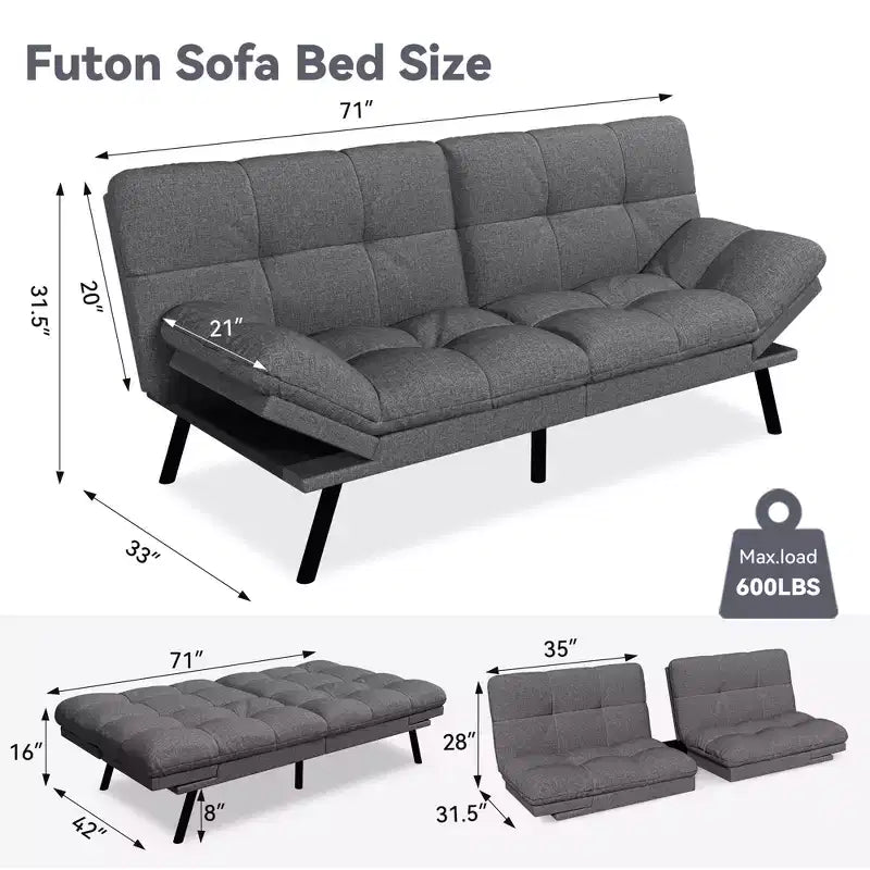 Canapé-lit futon convertible 71", Lin avec coussin détachable et dossier réglable