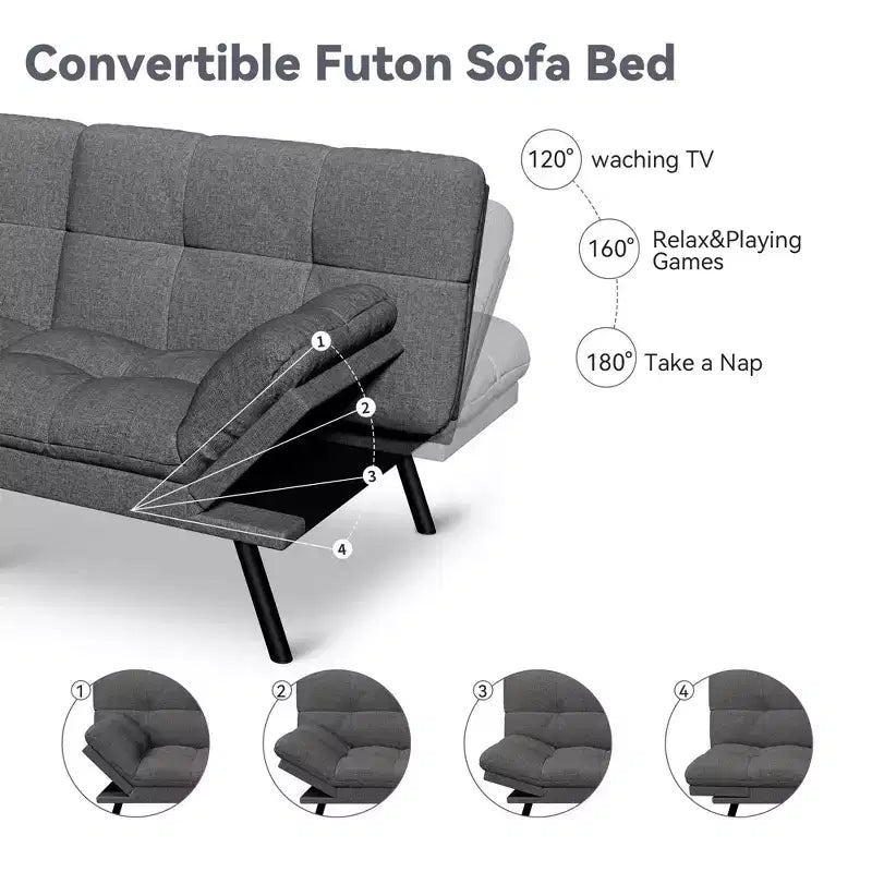 Canapé-lit futon convertible 71", Lin avec coussin détachable et dossier réglable