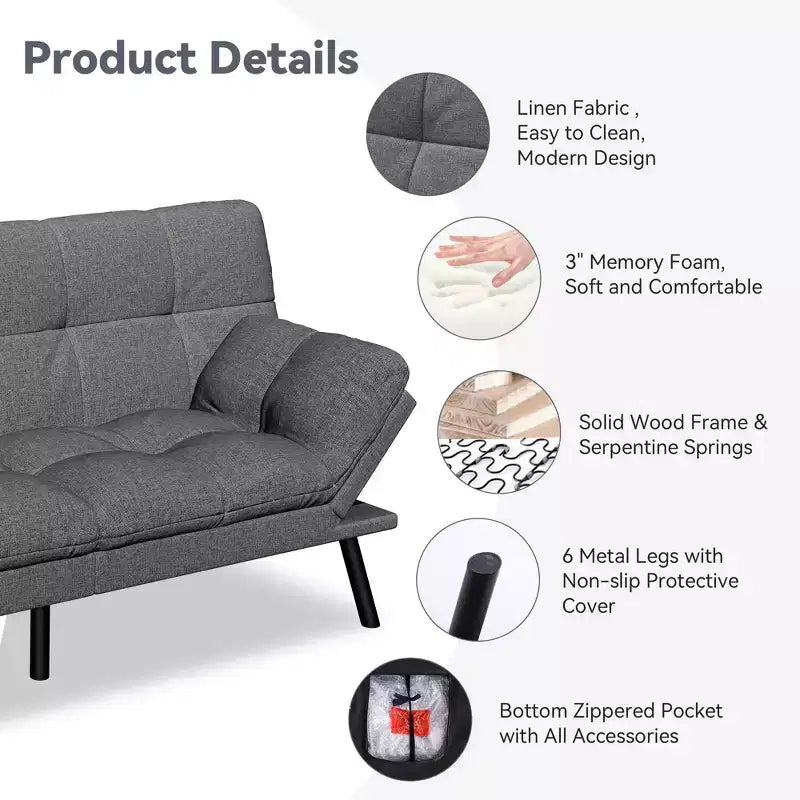 Canapé-lit futon convertible 71", Lin avec coussin détachable et dossier réglable