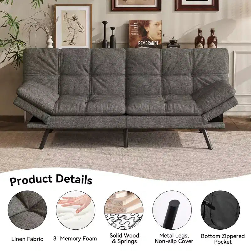 Canapé-lit futon convertible 71", Lin avec coussin détachable et dossier réglable