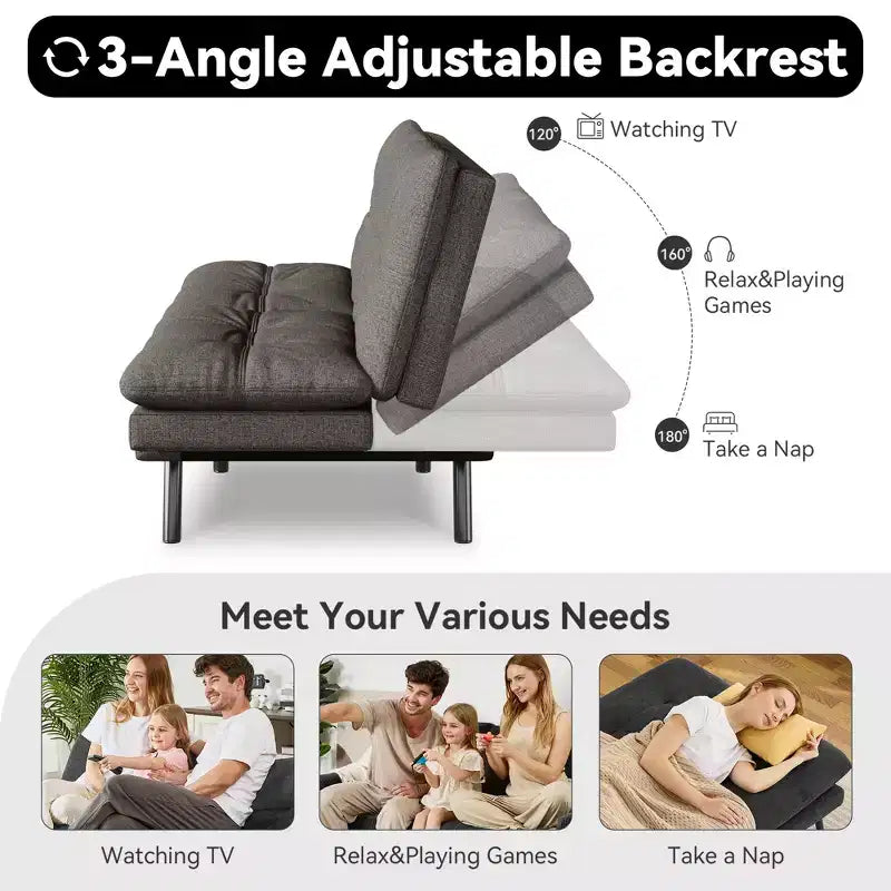 Canapé-lit futon convertible 71", Lin avec coussin détachable et dossier réglable