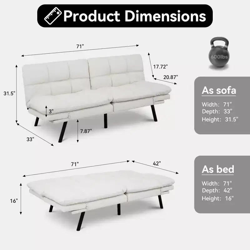 Canapé-lit futon convertible 71", Lin avec coussin détachable et dossier réglable