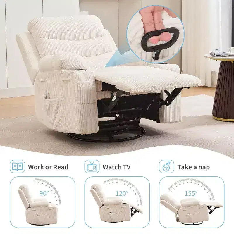 Fauteuil Inclinable de Crèche, Fauteuil à Bascule Inclinable Manuel, Fauteuil Glider Pivotant à 360° avec Porte-gobelet, Fauteuil Inclinable Massant et Chauffant, Fauteuils Canapé Simple d'Intérieur