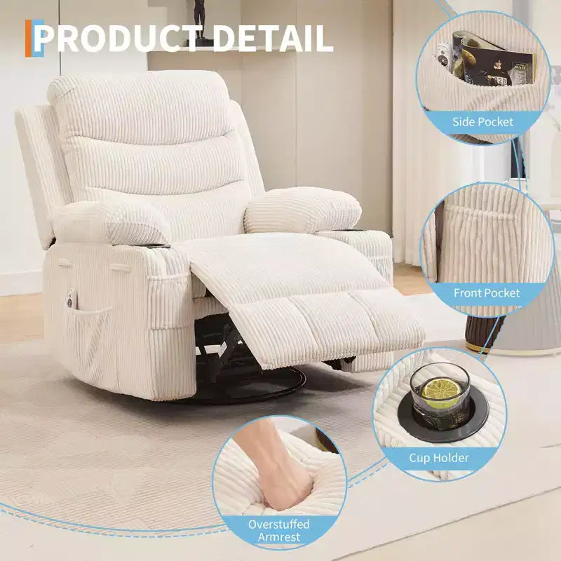 Fauteuil Inclinable de Crèche, Fauteuil à Bascule Inclinable Manuel, Fauteuil Glider Pivotant à 360° avec Porte-gobelet, Fauteuil Inclinable Massant et Chauffant, Fauteuils Canapé Simple d'Intérieur