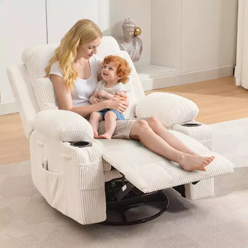 Fauteuil Inclinable de Crèche, Fauteuil à Bascule Inclinable Manuel, Fauteuil Glider Pivotant à 360° avec Porte-gobelet, Fauteuil Inclinable Massant et Chauffant, Fauteuils Canapé Simple d'Intérieur
