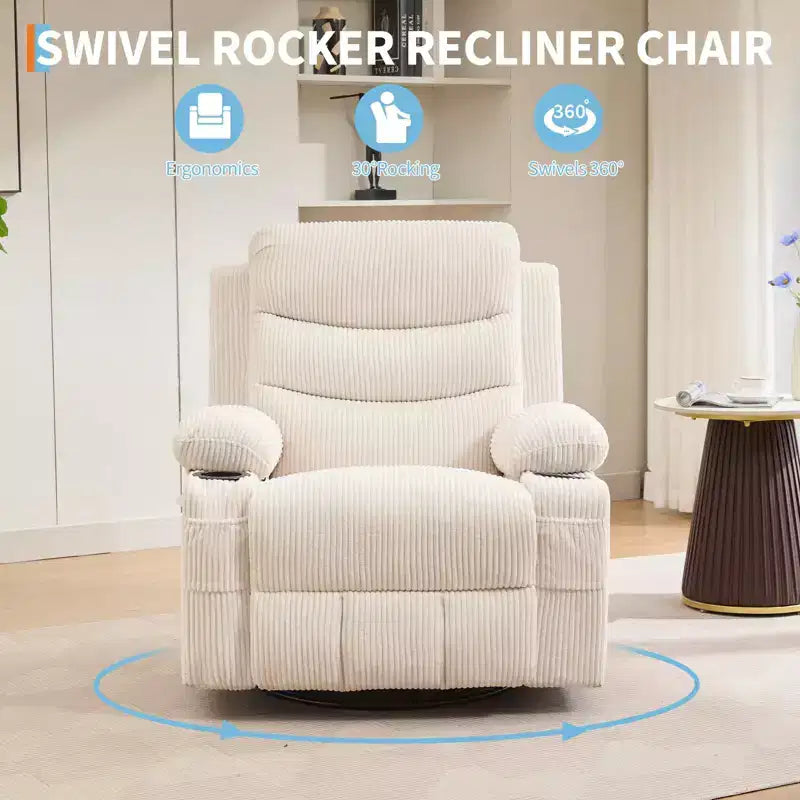 Fauteuil Inclinable de Crèche, Fauteuil à Bascule Inclinable Manuel, Fauteuil Glider Pivotant à 360° avec Porte-gobelet, Fauteuil Inclinable Massant et Chauffant, Fauteuils Canapé Simple d'Intérieur