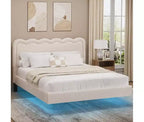 Dyonery Queen Size Boucle Bed Frame with LED Lights, Floating Bed Frame with Waved Headboard & Sturdy Metal Frame, Noise-Free?beige