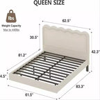 Lit Queen Boucle avec LED, tête de lit ondulée et cadre en métal robuste, beige