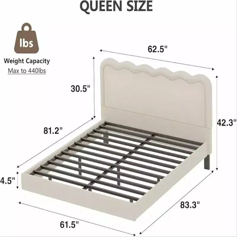Lit Queen Boucle avec LED, tête de lit ondulée et cadre en métal robuste, beige