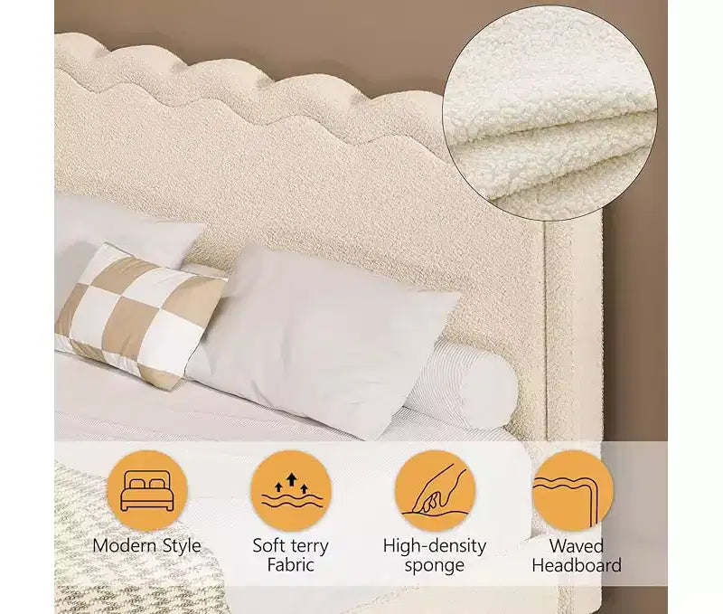 Lit Queen Boucle avec LED, tête de lit ondulée et cadre en métal robuste, beige