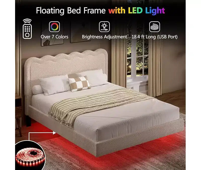 Lit Queen Boucle avec LED, tête de lit ondulée et cadre en métal robuste, beige
