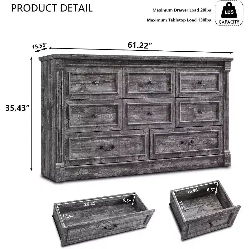 Commode de ferme de 155 cm avec 8 tiroirs et détails en colonnes romaines pour chambre à coucher