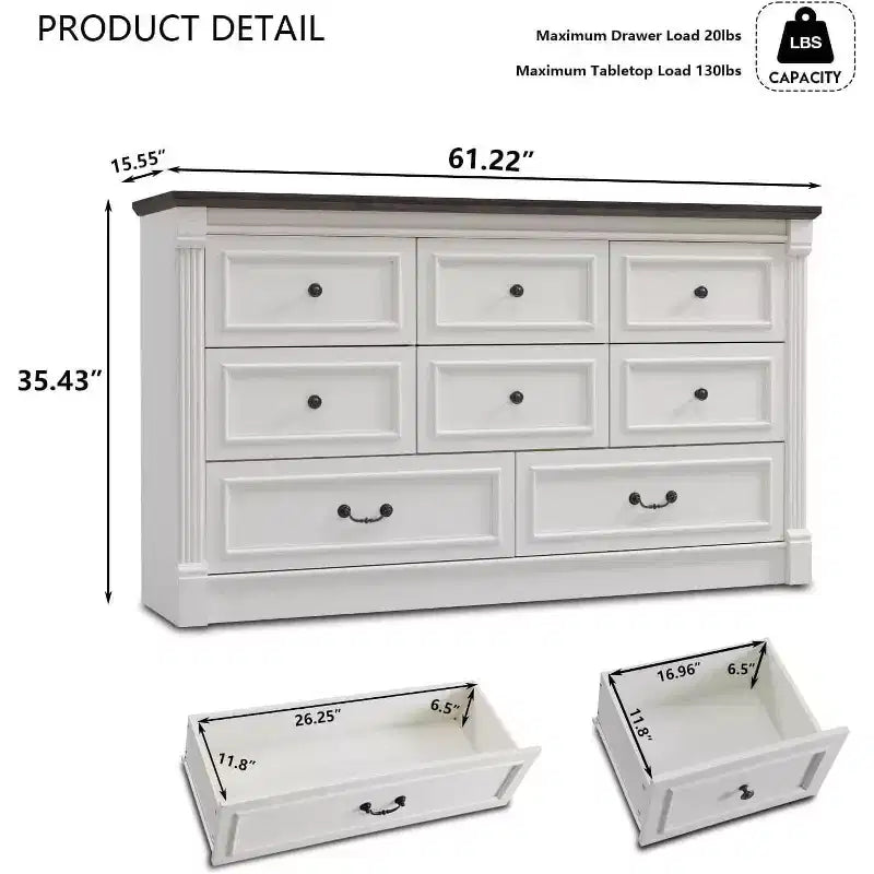 Commode de ferme de 155 cm avec 8 tiroirs et détails en colonnes romaines pour chambre à coucher