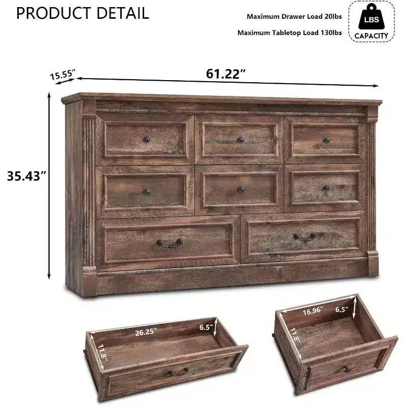 Commode de ferme de 155 cm avec 8 tiroirs et détails en colonnes romaines pour chambre à coucher