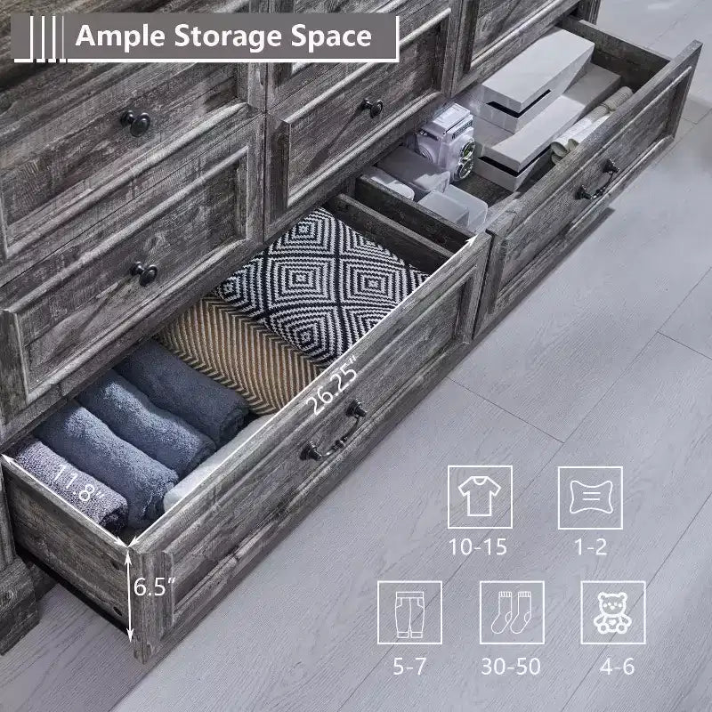 Commode de ferme de 155 cm avec 8 tiroirs et détails en colonnes romaines pour chambre à coucher