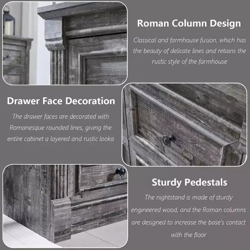 Commode de ferme de 155 cm avec 8 tiroirs et détails en colonnes romaines pour chambre à coucher