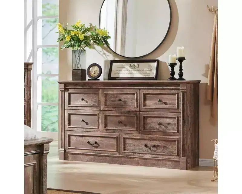 Mastgoal 61 Farmhouse Dresser with 8 Drawers, Rustic Wood Closet Storage with Roman Column for Bedroom