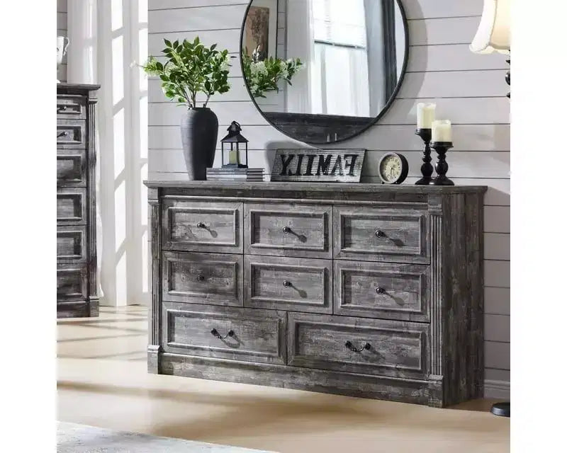 Commode de ferme de 155 cm avec 8 tiroirs et détails en colonnes romaines pour chambre à coucher