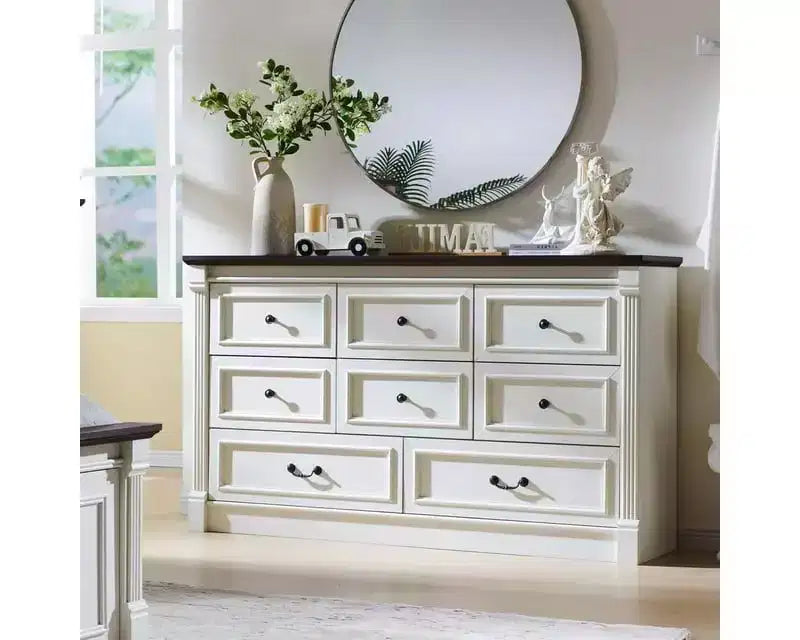 Commode de ferme de 155 cm avec 8 tiroirs et détails en colonnes romaines pour chambre à coucher