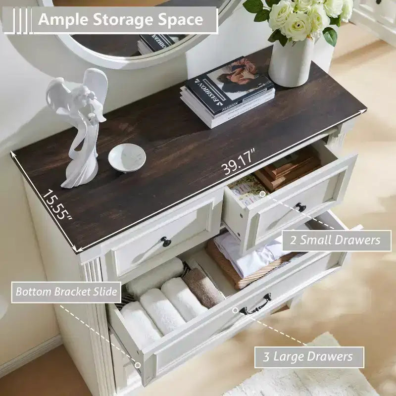 Commode de ferme de 46 po avec 5 tiroirs et détails de colonnes romaines pour chambre à coucher