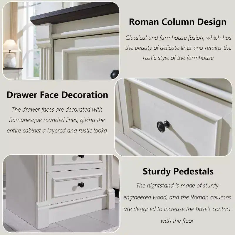Commode de ferme de 46 po avec 5 tiroirs et détails de colonnes romaines pour chambre à coucher