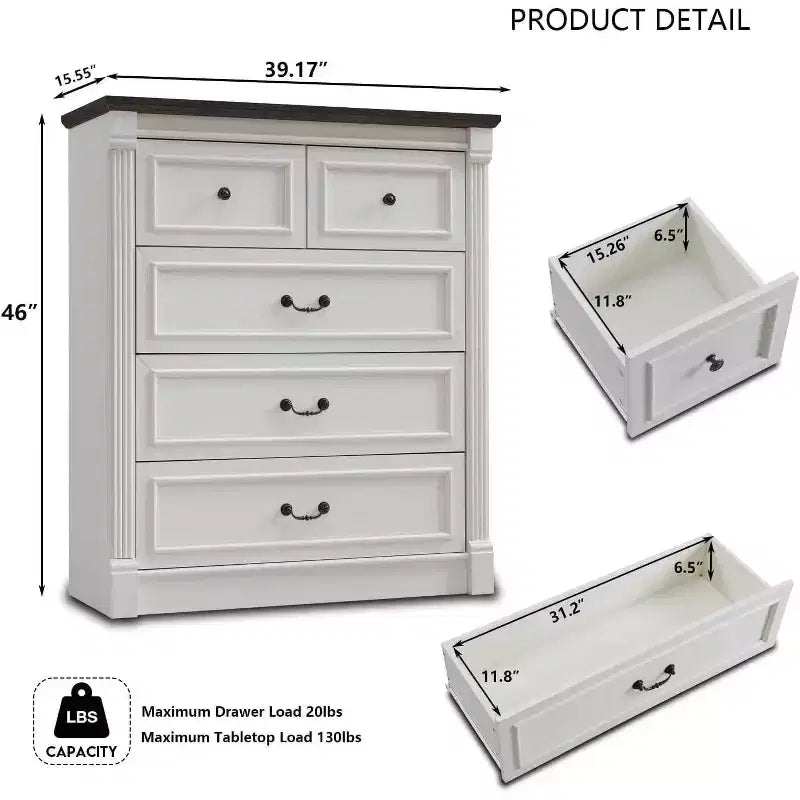 Commode de ferme de 46 po avec 5 tiroirs et détails de colonnes romaines pour chambre à coucher