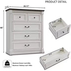 Commode de ferme de 46 po avec 5 tiroirs et détails de colonnes romaines pour chambre à coucher