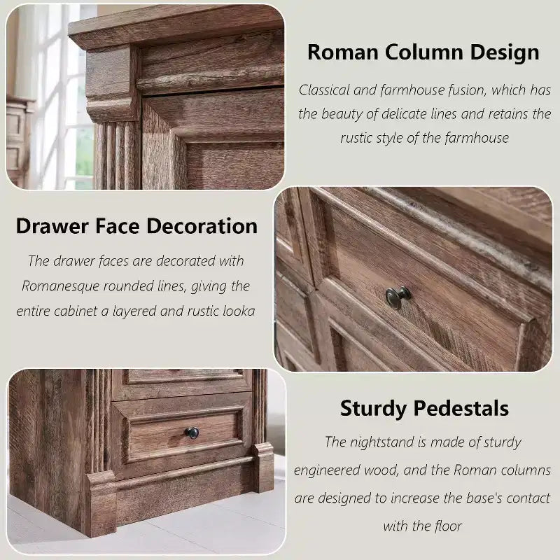 Commode de ferme de 46 po avec 5 tiroirs et détails de colonnes romaines pour chambre à coucher